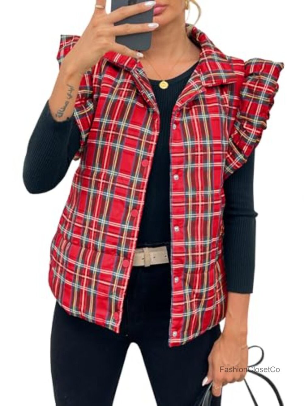 Women's Plaid Puffer Vest Ruffle Sleeveless Lightweight Quilted Fall Winter
